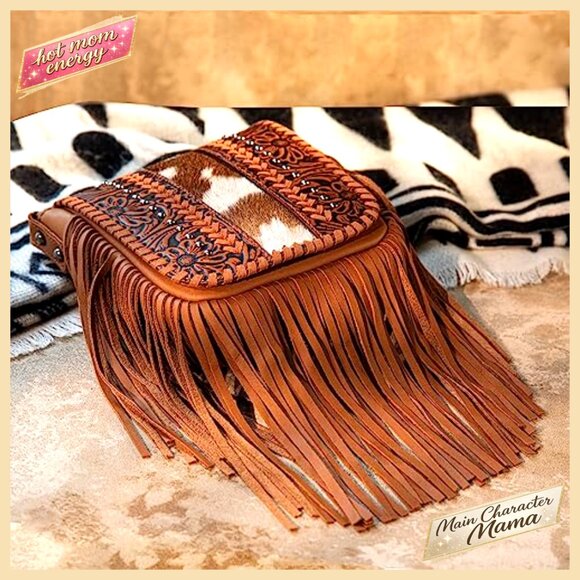Small Crossbody Bag with Fringe, Hair-On Cowhide, Adjustable Strap - Picture 3 of 6